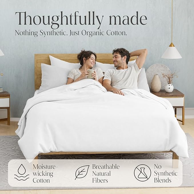 Delilah Home 100% Organic Cotton California King BedSheet set, GOTS & Vegan.org Verified Long Stem 300 TC Sateen Bedding Non-Synthetic Deep Pocket Fitted Linen, Lightweight, All-Season, 4Piece - White