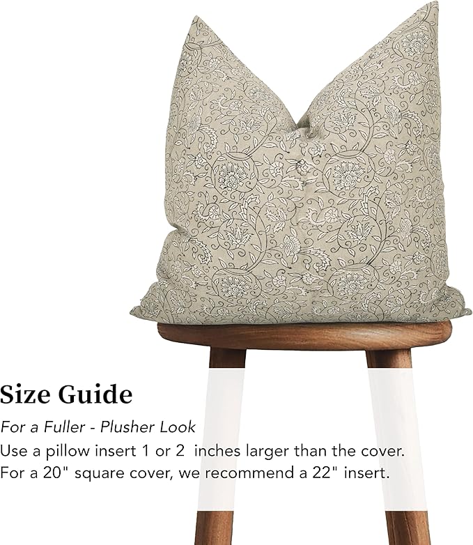 Handmade Block Print 100% Thick Cotton 20 x 20 inch Throw Pillow Cushion Cover with Zipper - Pillowcase for Bedroom, livingroom, Couch, Sofa, Outdoor, Chair, Bed, Home Décor-Lina (Beige)
