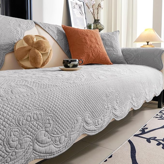 vctops Boho Cotton Quilted Couch Cover Soft Embroidered Sofa Cover Non-Slip Dog Bed Cover Scalloped Sofa Slipcover Washable Furniture Protector Cover (Light Grey,36"x94")
