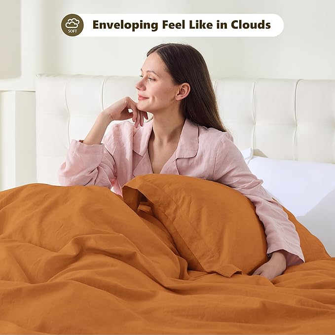 FALUCA French Linen Blend Duvet Cover Set 3Pcs King (104"x92") - Soft, Breathable, Cooling Farmhouse Bedding for Hot Sleeper (King, Rust)