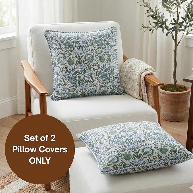 ATOSII Block Print Throw Pillow Covers, 24" X 24" - Set of 2, Decorative Couch Pillows for Living Room Bed Sofa, 100% Cotton Canvas Pillow Case for Home Decor & Outdoors, Preppy Throws - Clover Blue