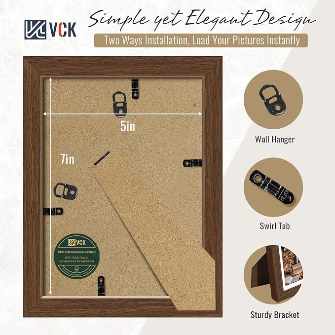 VCK 5x7 Picture Frames Brown 3 Pack, Wide Border Wood, Tempered Glass, Display 4x6 Photo with Mat or 5 x 7 without, for Home, Office, Gallery, Woodgrain Series, Tabletop & Wall Hanging
