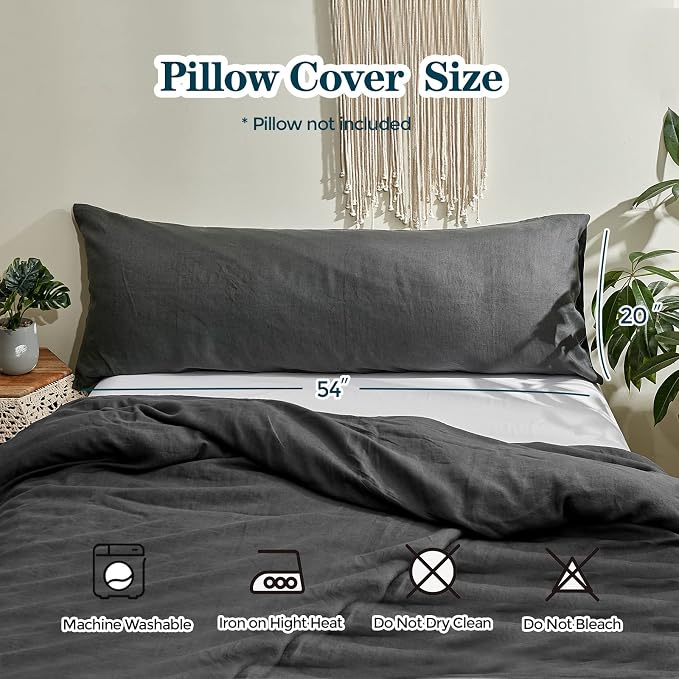 Simple&Opulence Body Pillow Cover 20" x 54",100% Pure Linen, Ultra Soft and Breathable, Body Pillowcase with Envelope Closure for Adults (Charcoal Grey)