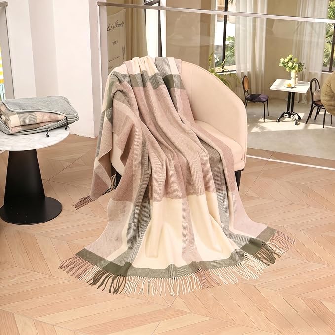 100% Wool Blanket Throw,Cream and Green Plaid Wool Blanket with Compact Bag,Rustic Soft Lightweight Blanket for Couch,Sofa,Bed & Lounging décor,Travel Blanket for Home,Airplane,Ideal Gifts 55"x83"