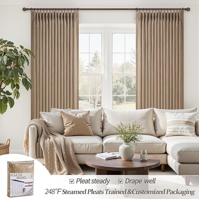 Blackout Double Layer Thick Linen Curtains 108 Inches Long for Sliding Glass Doors, Rust Brown Memory Trained Pinch Pleated Insulated Noise Reducing Elegant Window Curtain & Drapes 2 Panels 9FT Length
