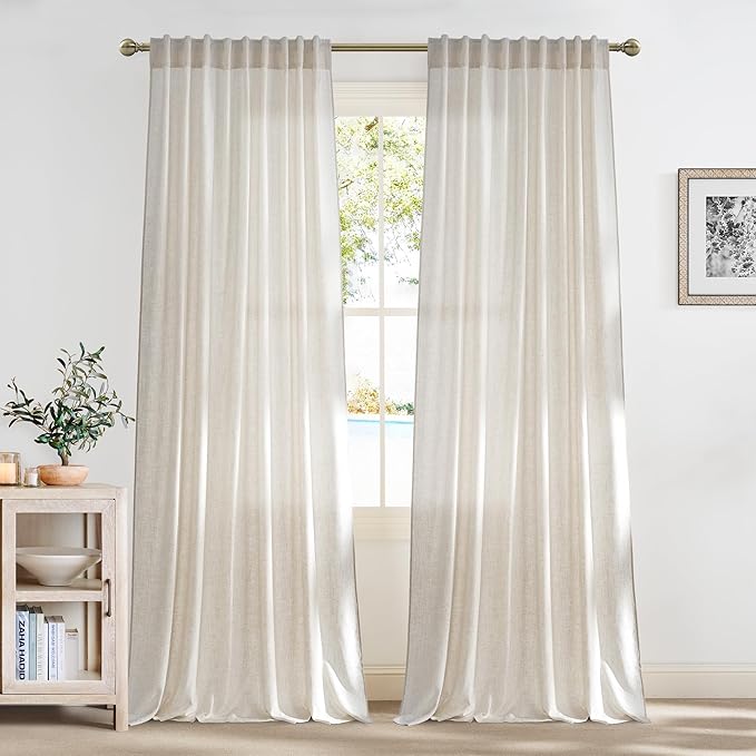 NICETOWN Linen Window Kitchen Curtains 96 Inch Long 2 Panels Set for Farmhouse, 70" Wide Thick Flax Linen Blend Privacy Drapes Rod Pocket & Back Tab with Light Filtering for Bedroom/Kitchen
