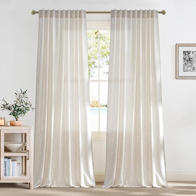 NICETOWN Linen Window Kitchen Curtains 84 Inch Long 2 Panels Set for Farmhouse, 70" Wide Thick Flax Linen Blend Privacy Drapes Rod Pocket & Back Tab with Light Filtering for Bedroom/Farmhouse