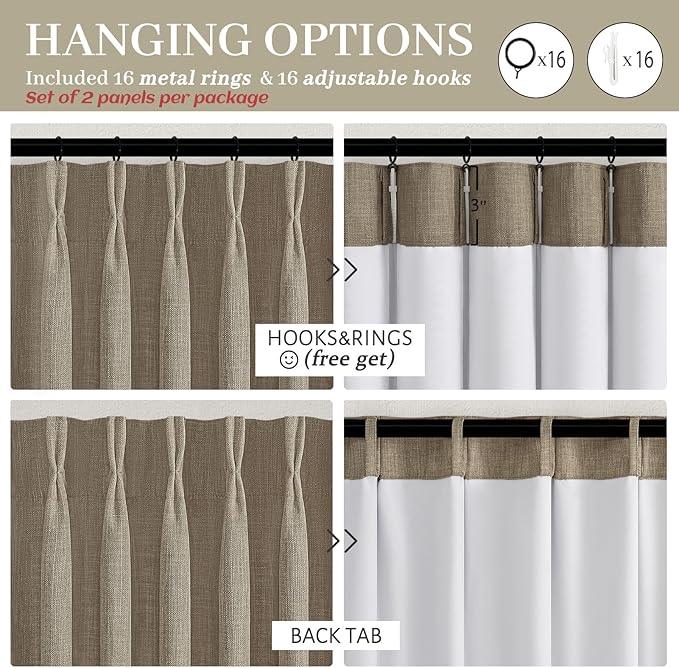 Pinch Pleated Oak Taupe Curtains 90 Inches Long for Patio Sliding Glass Doors 2 Panels Set, Memory Trained Blackout Double Layer Heavy Linen Blend Thermal Noise Cancelling Country Viral Windows Drapes