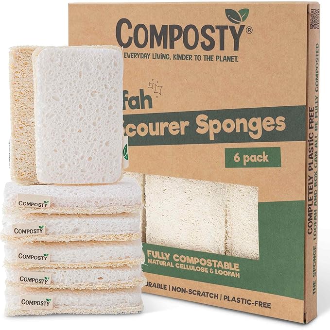 Composty® Loofah Eco Scourer Sponges, 6 Pack | Compostable Sponge/Natural Sponges for Dishes & Washing Up | 100% Natural & Plastic-Free | Long-Lasting | One Tree Planted for Each Pack Sold