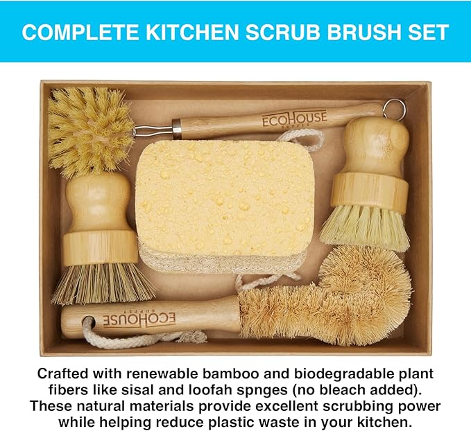 ECOHOUSE SUPPLY™ Bamboo Dish Brush Set – 6-Piece Natural Fiber Kitchen Brush Set with Loofah Sponges (No Bleach), Sisal & Palm Scrubbers – Non-Toxic, Eco-Friendly, Plastic-Free Dish Cleaning Brushes.