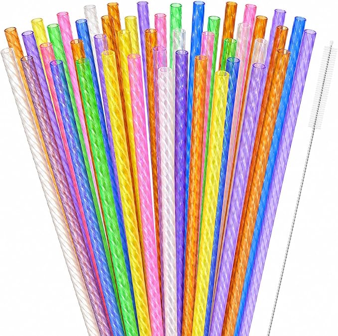 50PCS Reusable Straws with Cleaner Brush, 9.06" Long Colorful Clear Hard Plastic Swirl Drinking Straws for 12 oz 16 oz Mason Jar, Tumblers, Milk, Juice, Iced Coffee, Smoothies, Cocktail