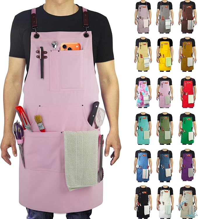 Kitchen Apron, Work Apron, Canvas, Multiple Pockets, Gardening, Painting, BBQ, Artist, Carpenter, Sizes M to XXL, Pink