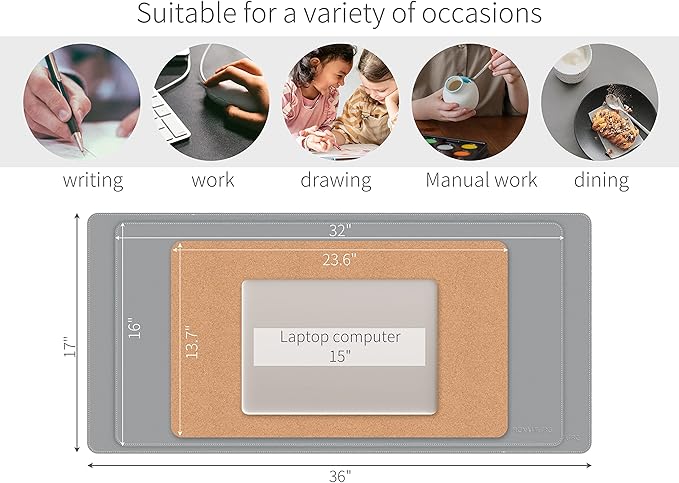 RENMTURE Dual-Sided Mouse Pad, Natural Cork & PU Leather Large Desk Pad for Office and Home Work, Desk Protector Non-Slip, Waterproof, Easy Clean (Gray, 36"x17")