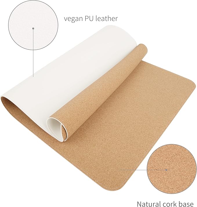 RENMTURE Dual-Sided Mouse Pad, Natural Cork & PU Leather Large Desk Pad for Office and Home Work, Desk Protector Non-Slip, Waterproof, Easy Clean (White, 32"x16")