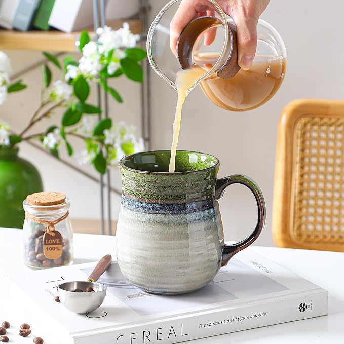 23 oz Large Ceramic Coffee Mugs, Handmade Cup with Large Handle, Big Tea and Coffee Cups for Office and Home, Microwave and Dishwasher Safe (Light Green)