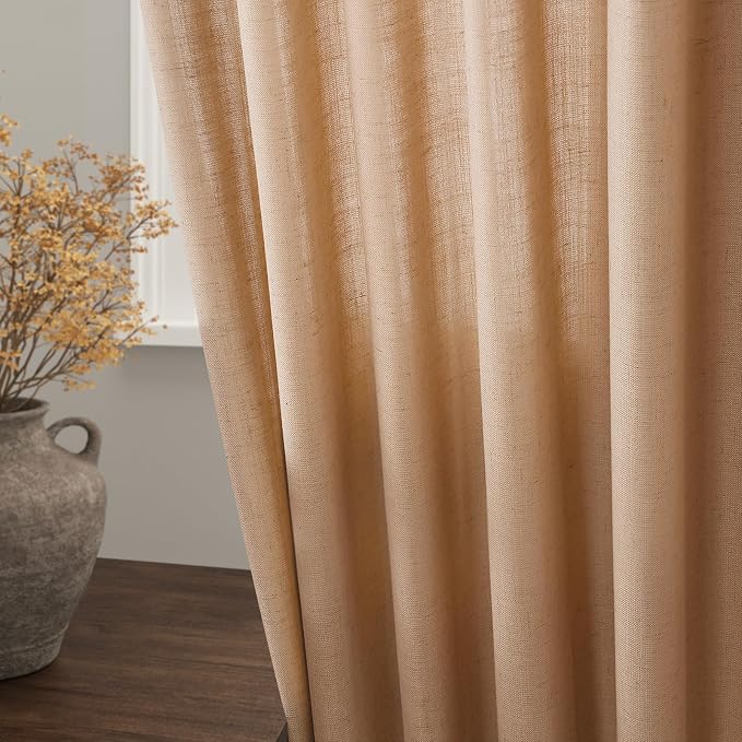 Extra Long Camel Linen Curtains 2 Panels 102 Inches Long for Living Room Back Tab Rod Pocket Light Filtering Semi Sheer Drapes Soft Cotton Textured Window Curtain 102 Inch Length for Bedroom.
