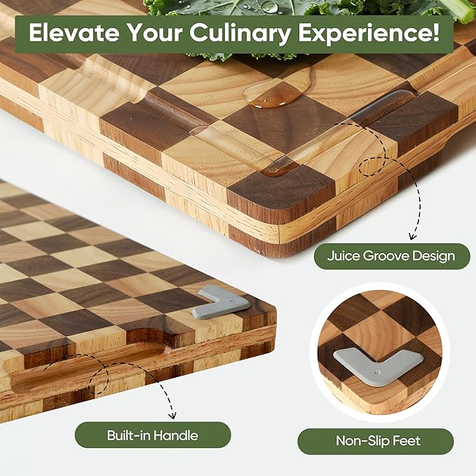 3 Pack Checkered Wood Cutting Board Set Cutting Boards for Kitchen Non Slip Acacia Wood Chopping Board with Juice Grooves & Handles Wooden Chopping Board Butcher Block End Grain