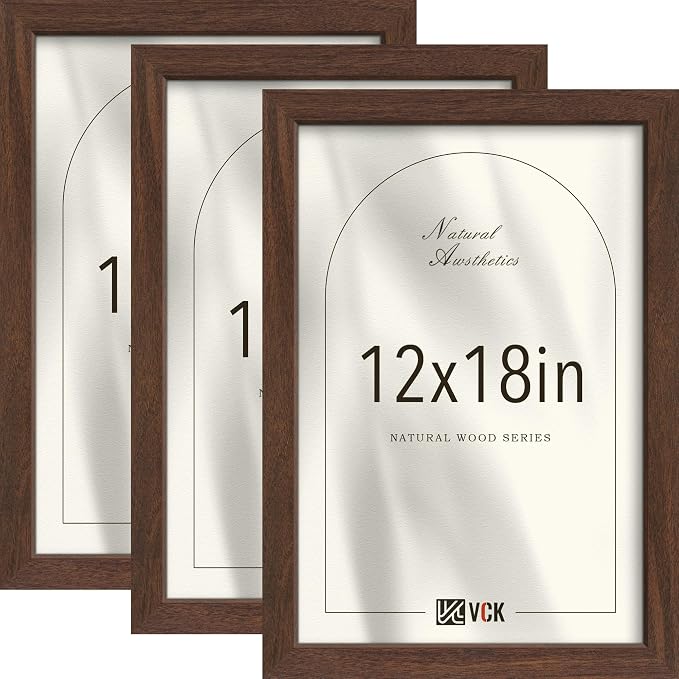 VCK 12x18 Picture Frame 3 Pack - Brown Wood Solid Poster Frames, Textured Exclusive Wood Wall Gallery Frame