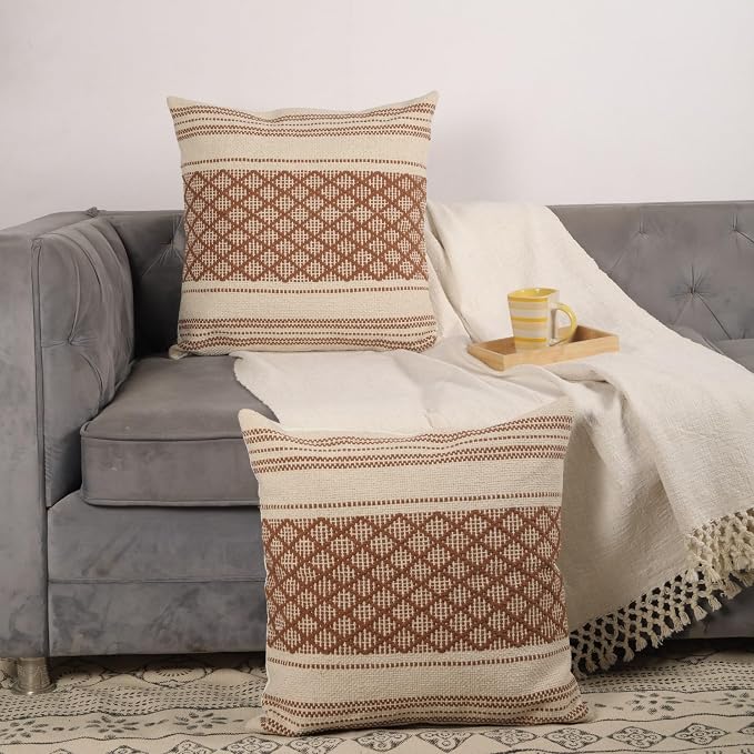 Trade Star Set of 2 Handloomed 100% Cotton Pillow Covers – 20x20 Rustic Boho Cushion Cases for Farmhouse, Fall & Christmas Decor – Indoor/Outdoor Use