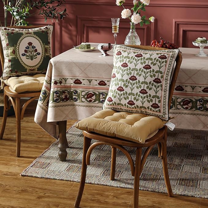 ISAENNE Design Linen Square Throw Pillow Covers 18"x18" Pack of 2, Yellow Green French Cushion Covers with Red Rose Floral Pattern Decoration Pillowcases for Bed, Living Room, Outdoor, Car