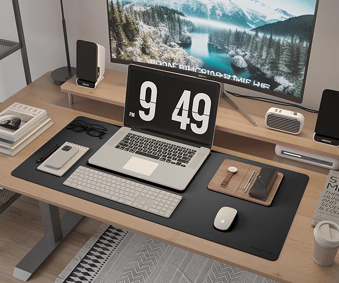 RENMTURE Desk Pad, Cork & PU Leather Desk Mat, Large Mouse pad, Non-Slip Desk Protector and Blotter, Waterproof Writing Pad, Desk Accessories and Organizers for Home Office (Black, 23.6" x 13.7")