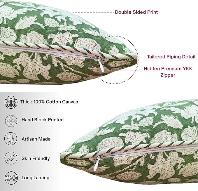 ATOSII Block Print Throw Pillow Covers, 20 X 20 - Set of 2, Decorative Couch Pillows for Living Room Bed Sofa, 100% Cotton Canvas Pillow Case for Home Decor & Outdoors, Preppy Throws - Meraki Green