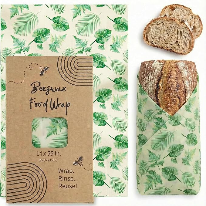 XXL Reusable Beeswax Wraps For Food - 14 x 55 in Roll | Cut to Size Bees Wax Wraps Reusable | Extra Large Beeswax Paper Sheet | Cute Bees Wax Roll for Food Wraps (Tropical Leaves)