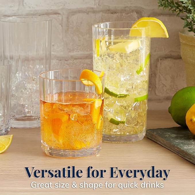 US Acrylic Faceted Clear Plastic Reusable Drinking Glasses Set of 8, 14oz Rocks and 18oz Water Tumblers, BPA-Free, Made in USA, Top-Rack Dishwasher Safe