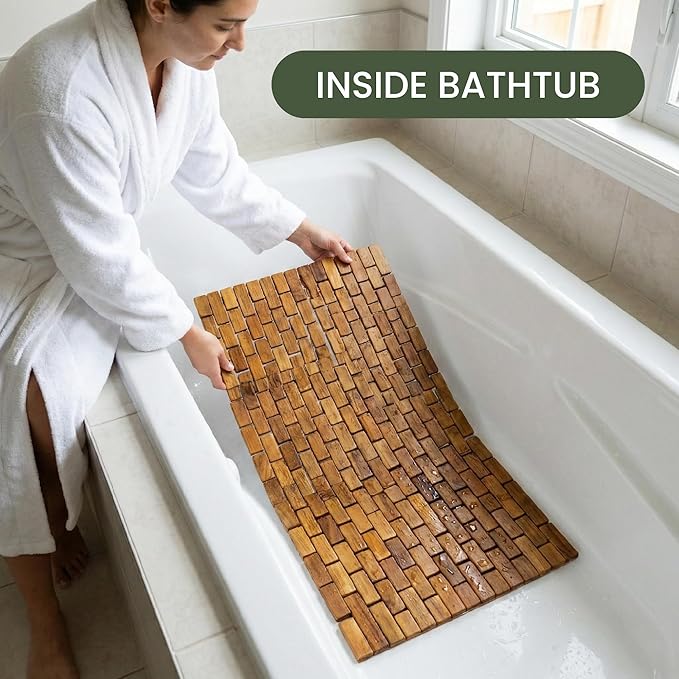 Teak Wood Bath & Shower Mat (30" x 16.5") | Wooden Floor Mat for Bathtub & Spa | Foldable & Non Slip Bathmat