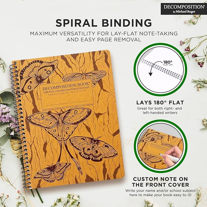 Decomposition Midnight Moths College Ruled Spiral Notebooks – 9.75 x 7.5 Journal with 160 Lined Pages – Notebooks for School Supplies, Home & Office – 100% Recycled Paper – Made in USA