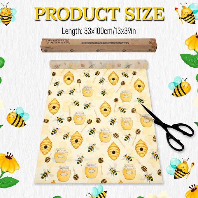 Beeswax Wraps for Food Roll (13x40 inch) Reusable Beeswax Paper | Cut-to-Size for Bread, Cheese, Kitchen Storage, Washable Plastic Free