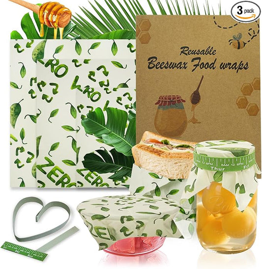 Reusable Beeswax Bowl Covers with Elastic Bands, 3 Sizes Washable Food Wraps for Bread Proofing, Lunch Packing, Cheese, Fruit, Vegetables and Leftovers