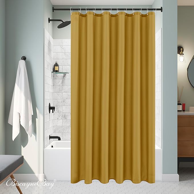 Biscaynebay Hotel Quality Fabric Shower Curtain Liner 72 Inch by 72 Inch, Gold Water Resistant Bathroom Curtains Rust Resistant Grommets & Weighted Bottom Hem Machine Washable