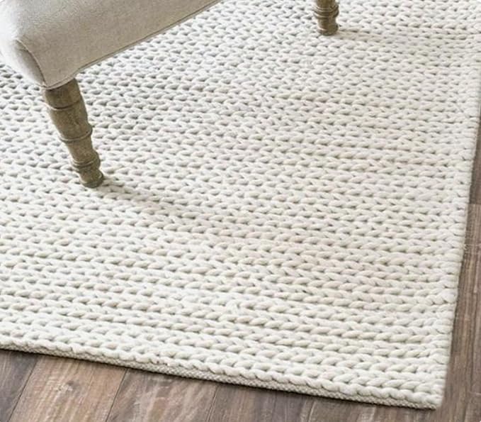 FRELISH DECOR Wool Cotton Area Rug for Living Room and Bedroom, 6'x9' Handwoven Braided Chunky Knit Cable Rugs, Farmhouse Contemporary Area Rug: Wool Ivory Premium