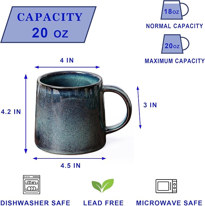 Large Ceramic Coffee Mugs, 20 oz Handmade Pottery Mug, Big Tea Cups with Handle for Office and Home, Dishwasher and Microwave Safe (Blue Green)