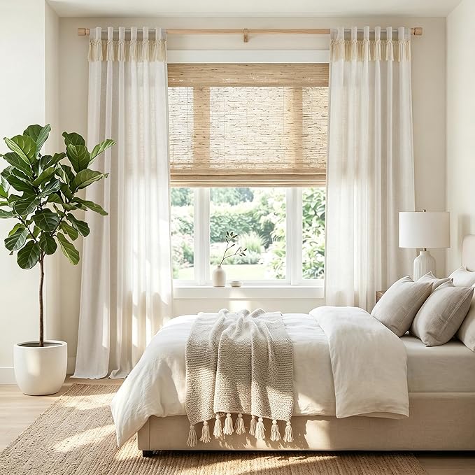 jinchan Linen Curtains for Living Room Bedroom Light Filtering Semi Sheer Curtains Boho Farmhouse French Country Cottage Core Decor Window Drapes Back Tab 90 Inch Length Tassel Beige