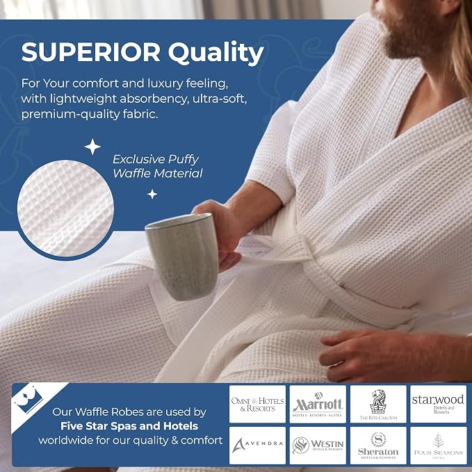 Monarch Unisex Square Waffle Spa Kimono Robe – Soft Lightweight Fabric, Generously Sized Hotel & Spa Robe with Pockets
