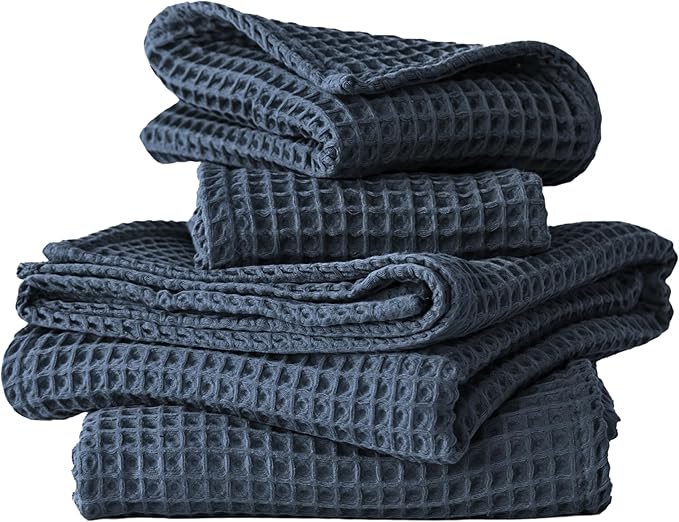 4-Piece Waffle Towels Set for Bathroom - Soft 100% Turkish Cotton Quick-Dry Lint-Free Waffle Weave Thin Bath and Hand Towels (Anthracite, 2 Bath & 2 Hand Towel Set)