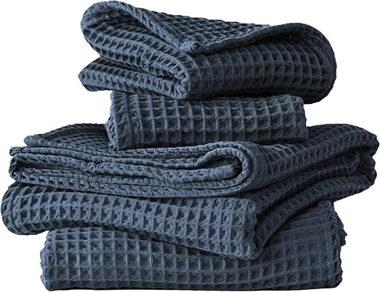 4-Piece Waffle Towels Set for Bathroom - Soft 100% Turkish Cotton Quick-Dry Lint-Free Waffle Weave Thin Bath and Hand Towels (Anthracite, 2 Bath & 2 Hand Towel Set)