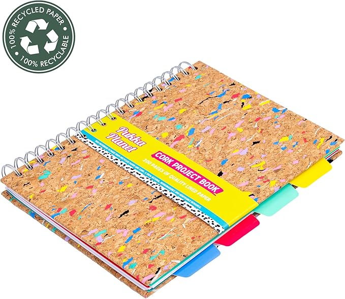 Pukka Pad, Pukka Planet Cork B5 Multi-Subject Notebook – Wire Bound Project Book with 200 Pages, 100 Sheets of FSC Recycled 8mm Lined Paper & Tabbed Dividers for Home, School, & Office, 10.12 x 7.3in