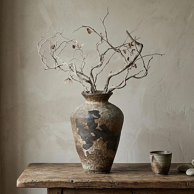 Wabi Sabi Decor Rusty Vintage Vase - 8.7" Tall Rustic Farmhouse Wabi Sabi Vase for Centerpiece, Pottery Stone Flower Vases for Home Decor, Table, Living Room, Bedroom, Bathroom, Kitchen (Rusty Stone)