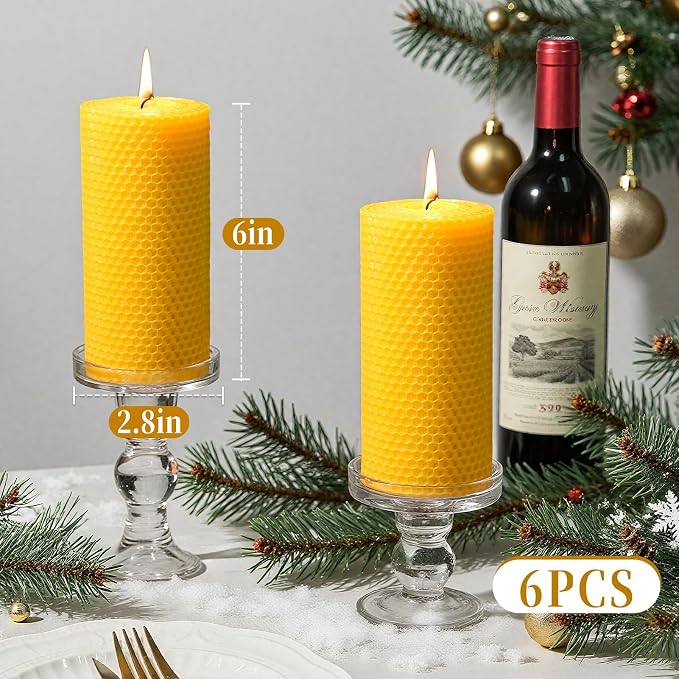 6 Pack Natural Beeswax Pillar Candles,2.8x6in Handmade Beeswax Rolled Candles,258 Hours Long Burning Honeycomb Bees Wax Candle for Gift & Home Decor,Dripless Smokeless Unscented