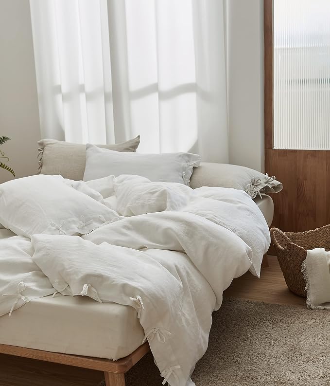 Simple&Opulence 100% Linen Duvet Cover Set 3pcs with Bowknot Ties Closure Natural French Washed Flax Solid Color Soft Breathable Farmhouse Bedding - White, Queen Size