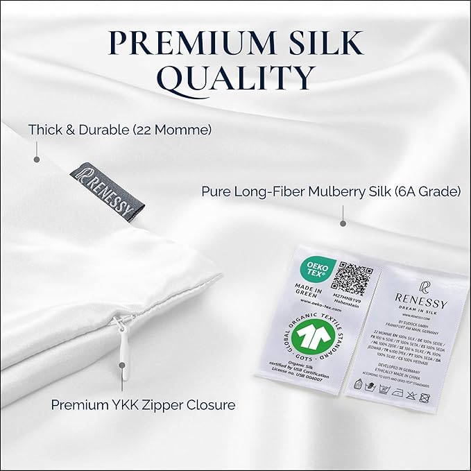 Premium Silk Pillowcase 100% Organic Mulberry Silk, 22 Momme, Grade 6A - Oeko-Tex Certified in Germany - Luxury for Hair & Skin, 1 Piece (Queen, Natural Silk Off-White)