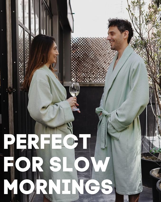 sea me at home Turkish Cotton Waffle Bathrobe, Luxury Spa Hotel Shawl Collar Robe for Women & Men, Plush Terry Inside