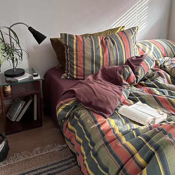 mixinni Vintage Striped Duvet Cover Set Full Size - 3 Piece 100% Washed Cotton Bedding Set, Soft & Breathable, Colorful Striped Pattern Printed Comforter Cover for All Seasons