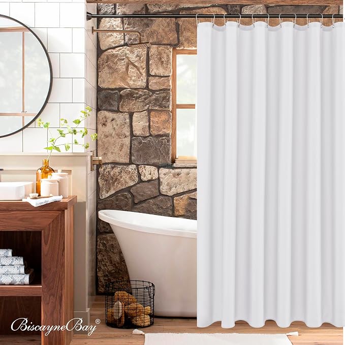 Biscaynebay Fabric Extra Long Shower Curtain Liners, White 72" Width by 108" Length, Water Resistant Bathroom Curtains, Rust Resistant Grommets Top Weighted Bottom Machine Washable