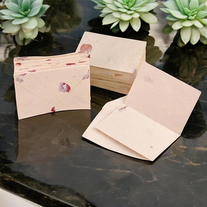 Kathmandu Valley Co. 50 Vintage 4x6 Handmade Lokta Paper Nepali Cherish Greeting Cards & Matching Decorative Flower Petal Envelopes. Folded blank cards. Handmade In Nepal. (Bougainvillea)