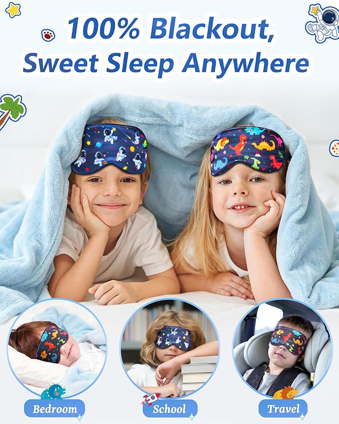 BeeVines Kids 100% Real Mulberry Silk Sleep Mask 2 Pack, Original Design Pure Silk Sleeping Eye Masks for Boys, Skin-Friendly Blackout Eye Cover, Adjustable Strap, Reduce Puffy Eyes, for Travel Gifts
