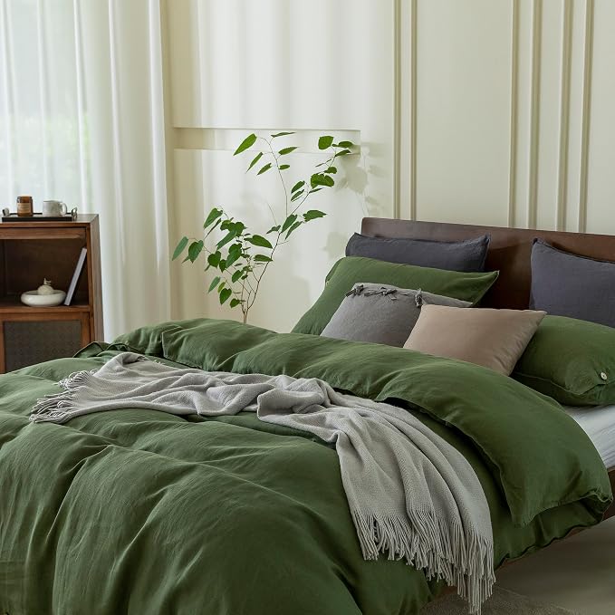 EVERLY 100% Pure Linen Duvet Cover Set California King Size 104X98Inch 3pcs (1 Duvet Cover,2 Pillowcases) Soft and Breathable with Coconut Button Closure,Suitable for Hot Sleepers-Mossy Green